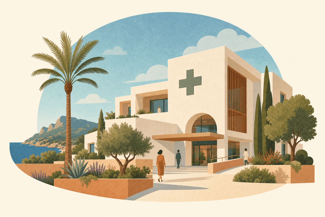 Modern hospital on Mallorca with a pharmacy cross and 112 ambulance