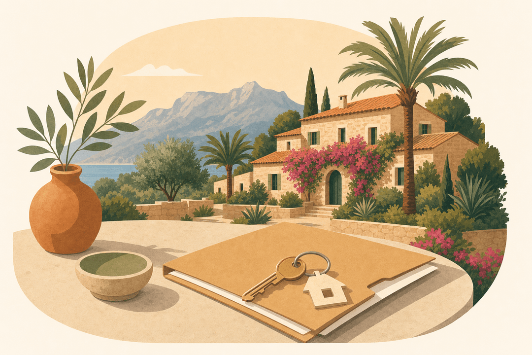 Mediterranean villa on Mallorca with key and purchase documents, illustrative image for step-by-step property buying